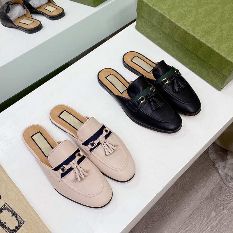 

Free postage Fashion womens Slippers Top Quality Casual genuine leather tassels Lefu shoes round toes Classics Buckle Career solid women Shoe Slipper, Black