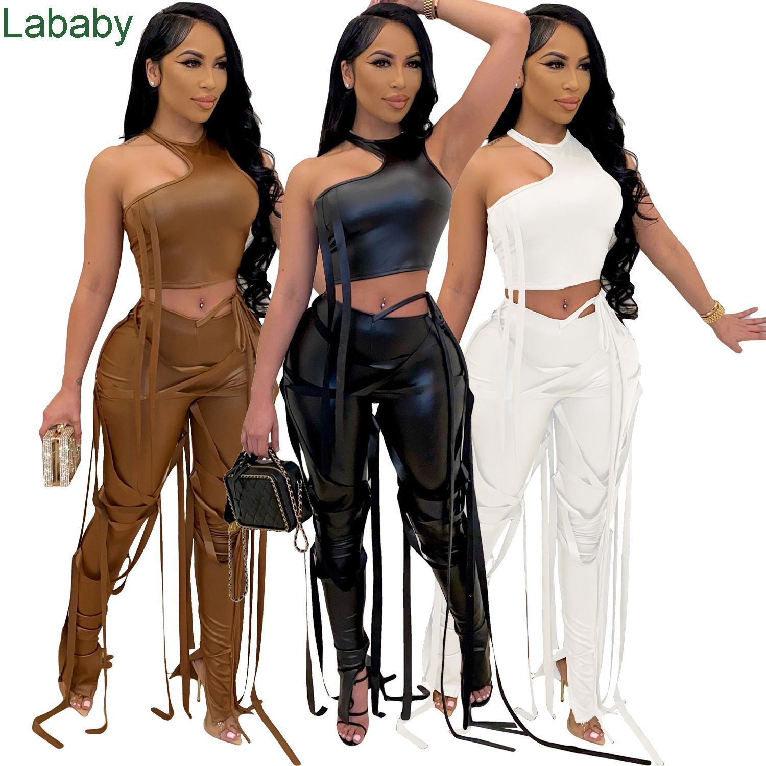 

Womens 2 Pcs Set Rock Style Bandage Suit Sexy Halter Hollow Out Crop Tops PU Leather Pants Set Nightclub 2021, Brown