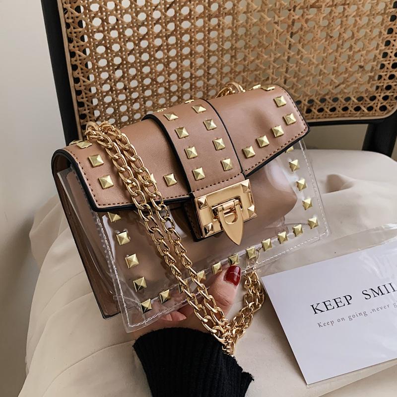 

Queenie Fashion Bag Transparent Bag Small Chain Flap With Rivet Cross body Shoulder Messenger, Black