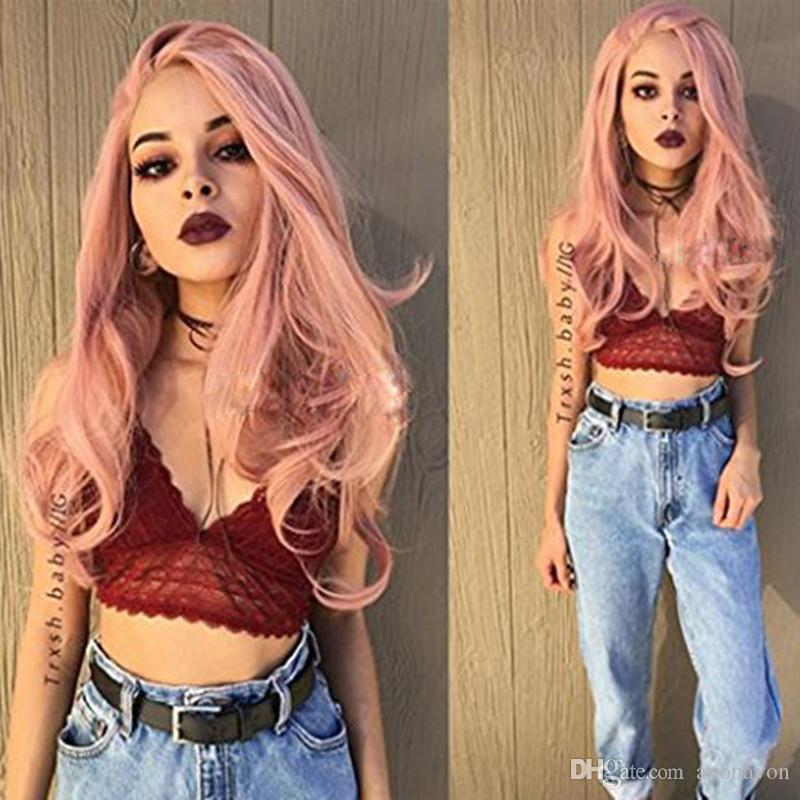 

26 Inch Top Wig Pink Long Wavy Wig Sexy Body Wavy Fiber Hair Heat Resistant No Glue Synthetic Lace Front Wig Black Women, As the picture shows