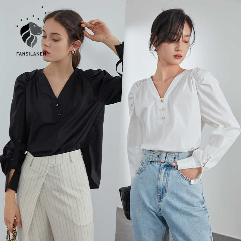 

FANSILANEN Retro Shirt Women Spring V-neck Top All-match Chic White Black Long-sleeved Drop 210607