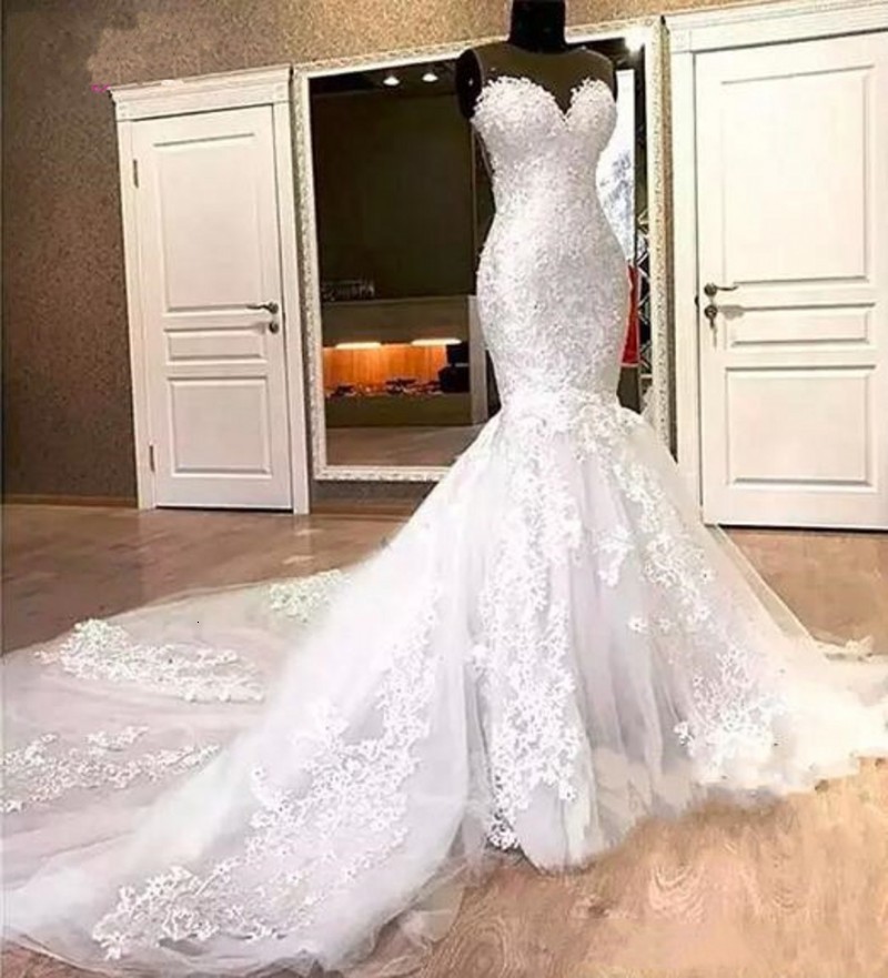 

2021 New Robe Mairee Vintage Mermaid Lace Wedding Es Appliques Beads Long Train Sheer Neck Bridal Gowns Vestido De Noiva I86t, Ivory