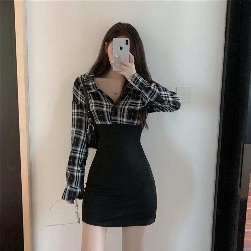 

Vintage Plaid Shirt Dress Women Summer Korean Sexy Bodycon Long Sleeve Mini Dress Patchwork Fashion Woman Clothing, Black;gray