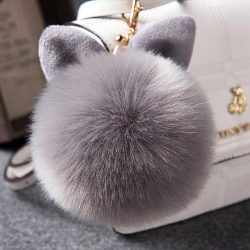 

Keychains Cute Fluffy Ear Fur Ball Key Chain Rings Pendant Lovely Pompom Artificial Keychain Women Car Bag Ring