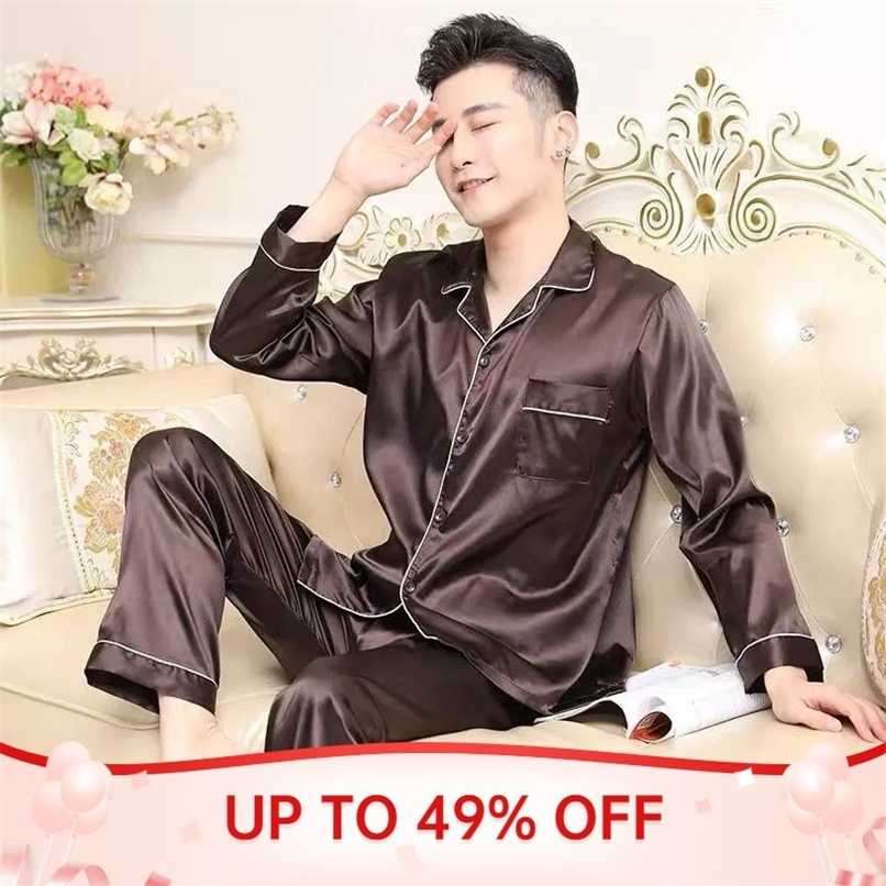 

Men Pajamas Set Solid Satin Summer Long Sleeve Autumn Homewear Silk Men Sleepwear Suit Casual Dormir Top Pyjamas Male Sleep Tops 211110, Blue