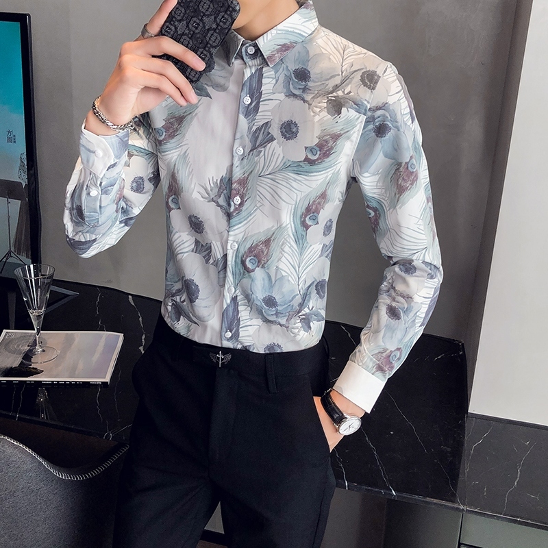 

2021 New British Style Male Floral Casual Fashion Long Sleeve Shirts for Men Fine Fit Streetwear/club/prom Prom Tuxedo 3xl-m Ot9o, Black