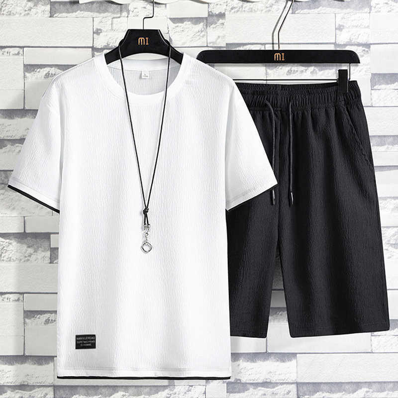 

Summer Mens Ice Silk Casual Set Short-sleeved Sportswear Suit Men T-shirt 2 Piece Shorts Chinese Style Linen Thin Male Tracksuit Y0831, Jw607grey