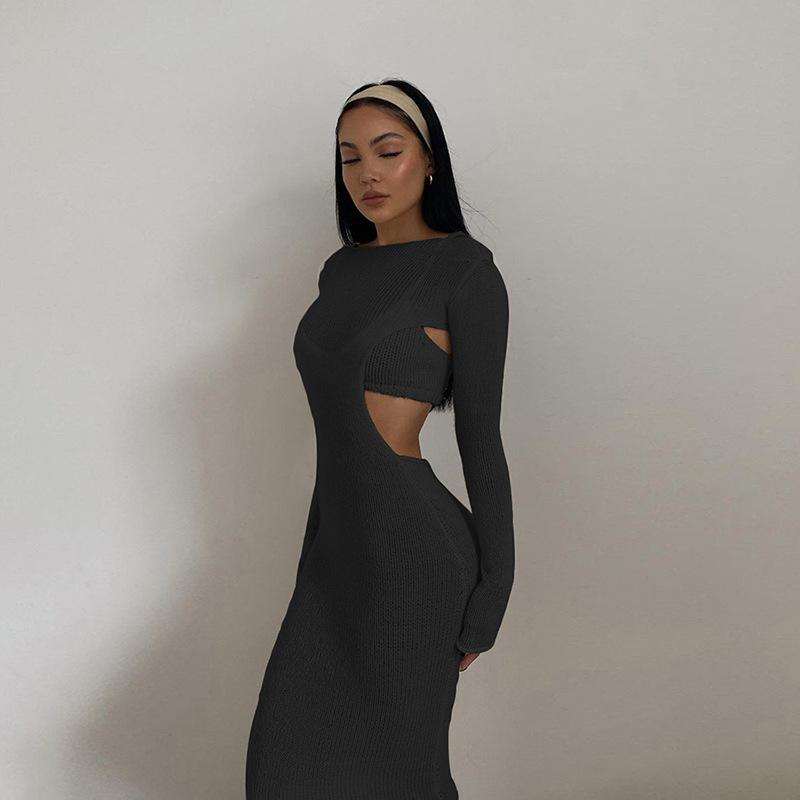 

Casual Dresses Sexy See Through Solid Knit 2 Two Piece Set Women Short Camisole And Hollow Out Maxi Dress Autumn Matching Suit, Black