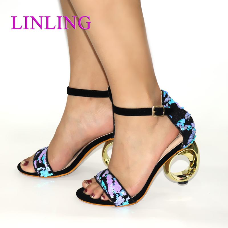 

Dress Shoes Fashion Elegant Crystal Ladies Sandals With Heels Italian High Autumn Slipper For Wedding Party, Black