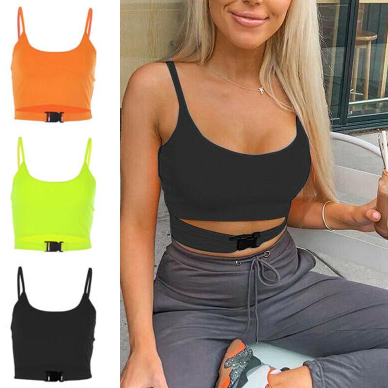 

Gym Clothing Women Sport Fitness Buckle Cami Tank Top Vest Solid Sleeveless T Shirt, Yellow