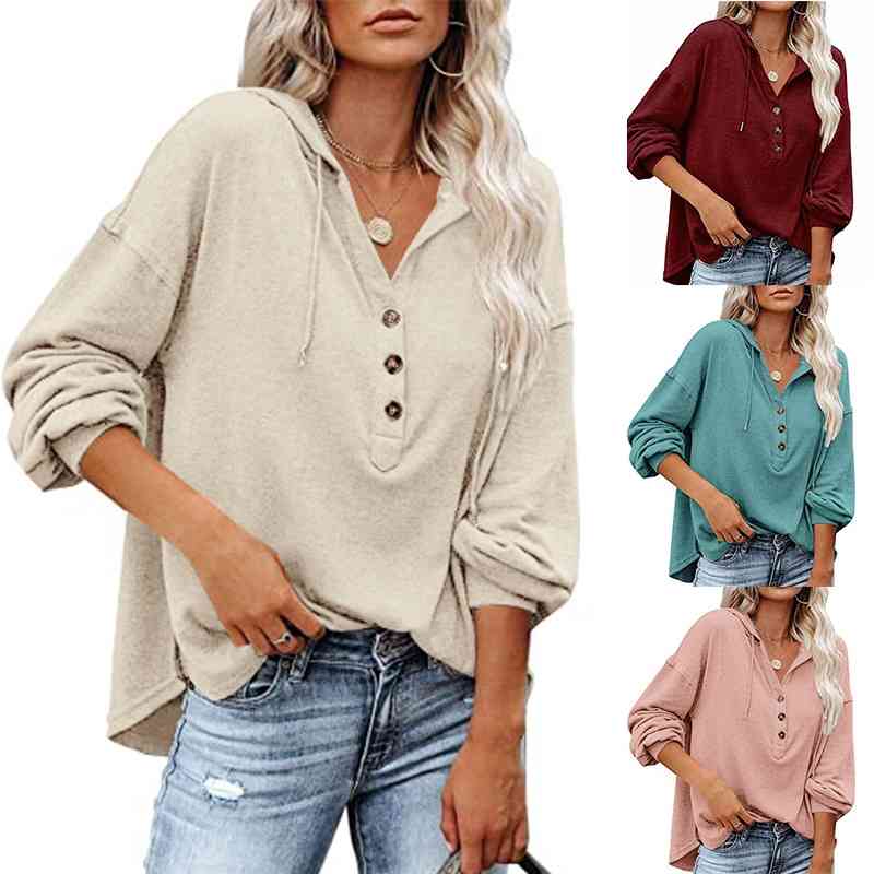 

Autumn 2021 new women' button cardigan Hoodie casual loose solid color sweater, Pink
