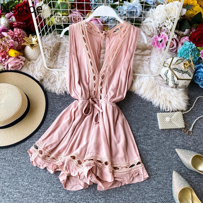 

slim boho v neck short women jumpsuits hollow out tie summer high waist casual tank playsuit beach holiday romper, Black;white