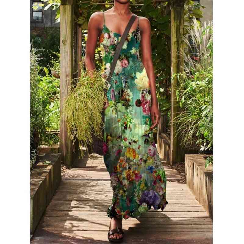 

2021 bohemian print beach skirt off shoulder loose strap dress, Black;gray