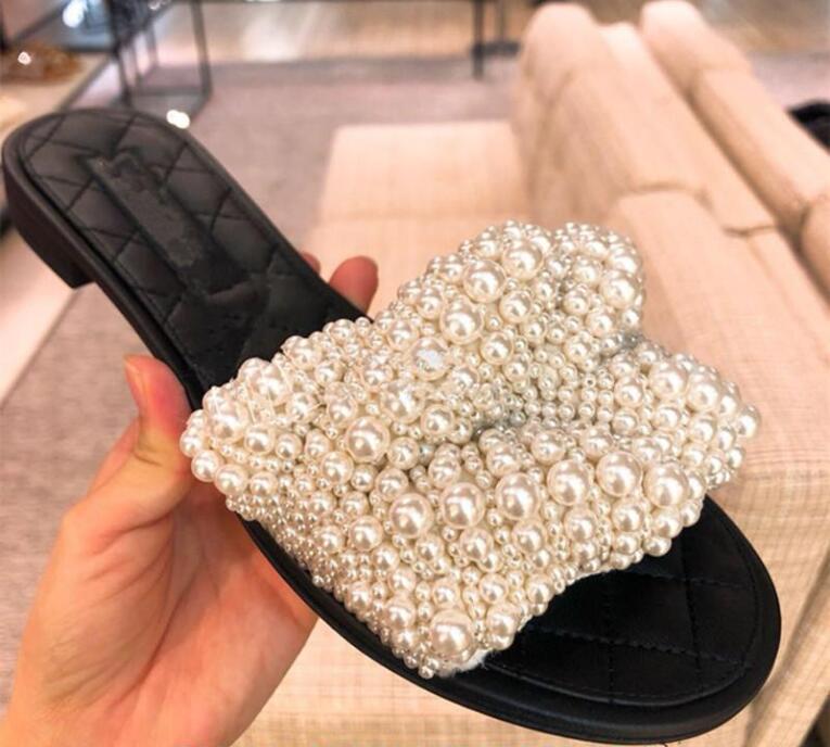 

Pearl Beading Women Slippers Fashion Design Sweet Summer Sandals Women Casual Flats Slip On Outside Slides Sandalias Mujer, As shown