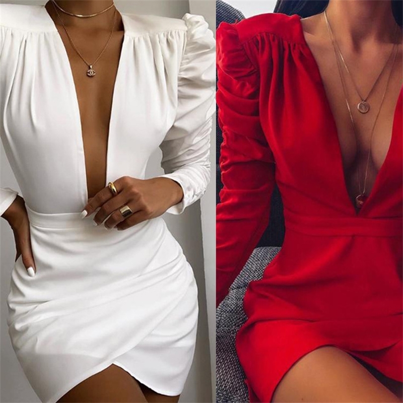 

New autumn and winter solid color long sleeve deep V-neck slim dress, White