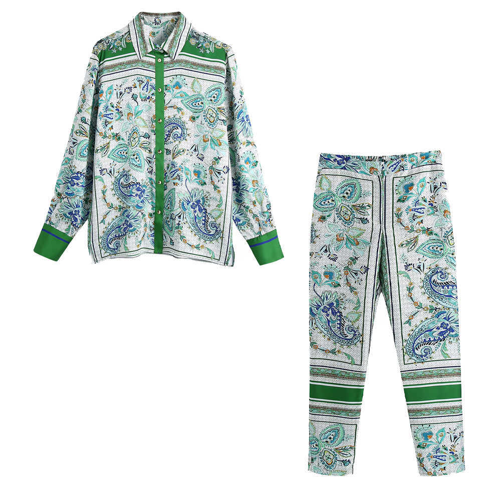 

Women Two Piece Set Vintage printed Shirt & Trousers Chic Lady Fashion Casual Cozy Summer Woman Outfits Pants Sets 210709