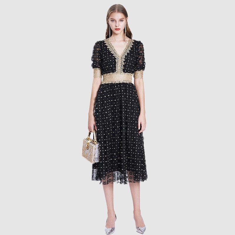 

Elegant Lace Patchwork Embroidery Runway Dresses Summer V-neck Long Midi Party Dress 210525, Beige