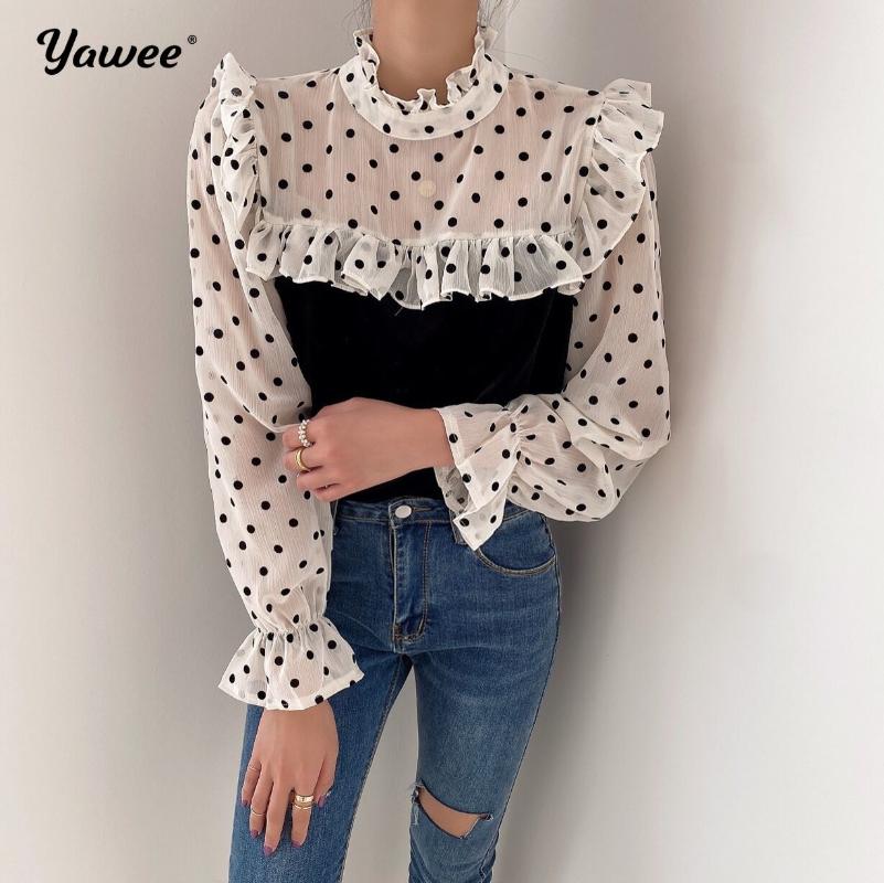 

Women's Blouses & Shirts Sexy Women Mesh Polka Dot See-Through Perspective Tshirt Ruffle O Neck Transparent Long Sleeve T Shirt Tops, Black