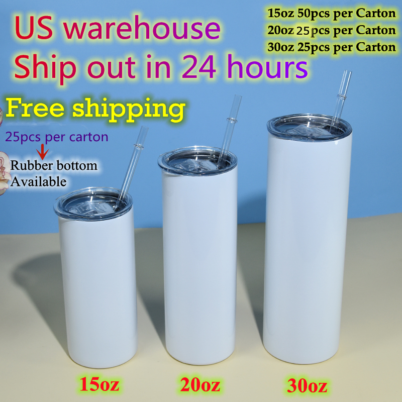 

US warehouse 20oz Straight Sublimation Tumblers with Clear Straws Stainless Steel Glossy blank white Double wall Vacuum Insulated Travel cups Local Delivery, White sublimation
