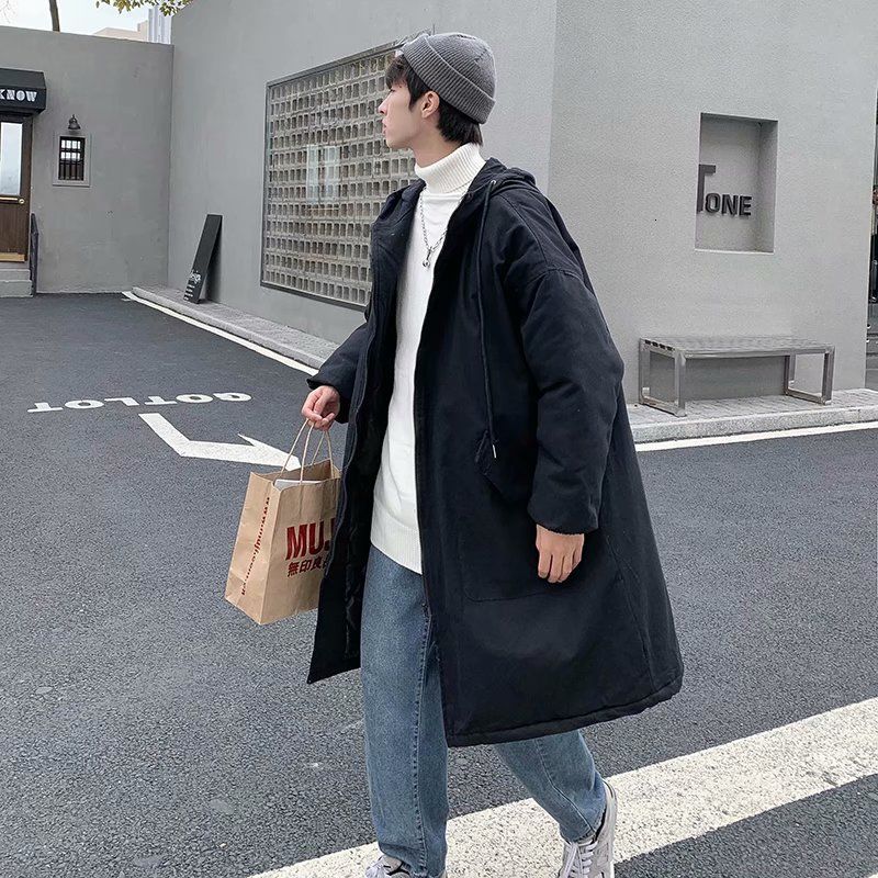 

2021 New Thick Long Men's Warm Fashion Casual Black Hooded Coat Men Streetwear Oversize Winter Jacket Mens Overcoat Pjrb