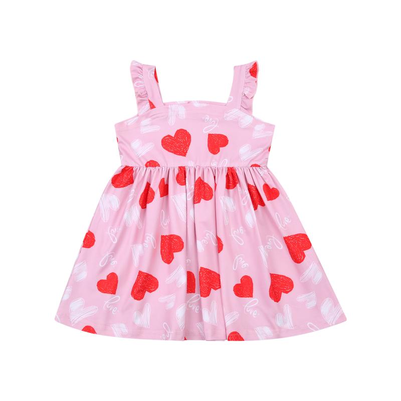 

New Valentine's Day Girl's Dress Heart Print Sleeveless Sling Dress for Birthday Party Photography Vacation, As pic