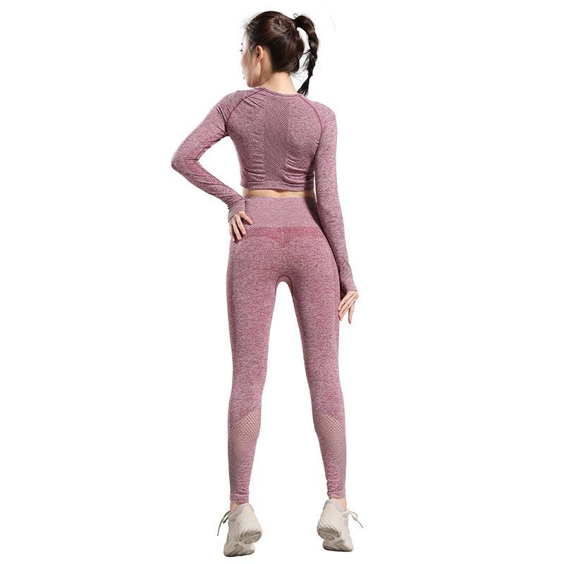 

Yoga Suit Autumn Winter Female High Collar Long Sleeve High Waist Hollow Exercise Fitness Training Jogging Workout two piece set, Light grey