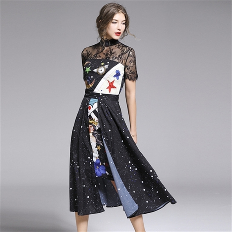 

Summer Lace Patchwork Print Dress Women O-neck Work Casual Party Slim Sexy Long Dresses OL Office Chiffon Vestidos 210603, Picture color