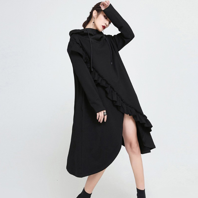 

2021 New Autumn Winter Hooded Long Sleeve Black Ruffles Split Joint Irregular Hem Sweatshirt Women Fashion Tide