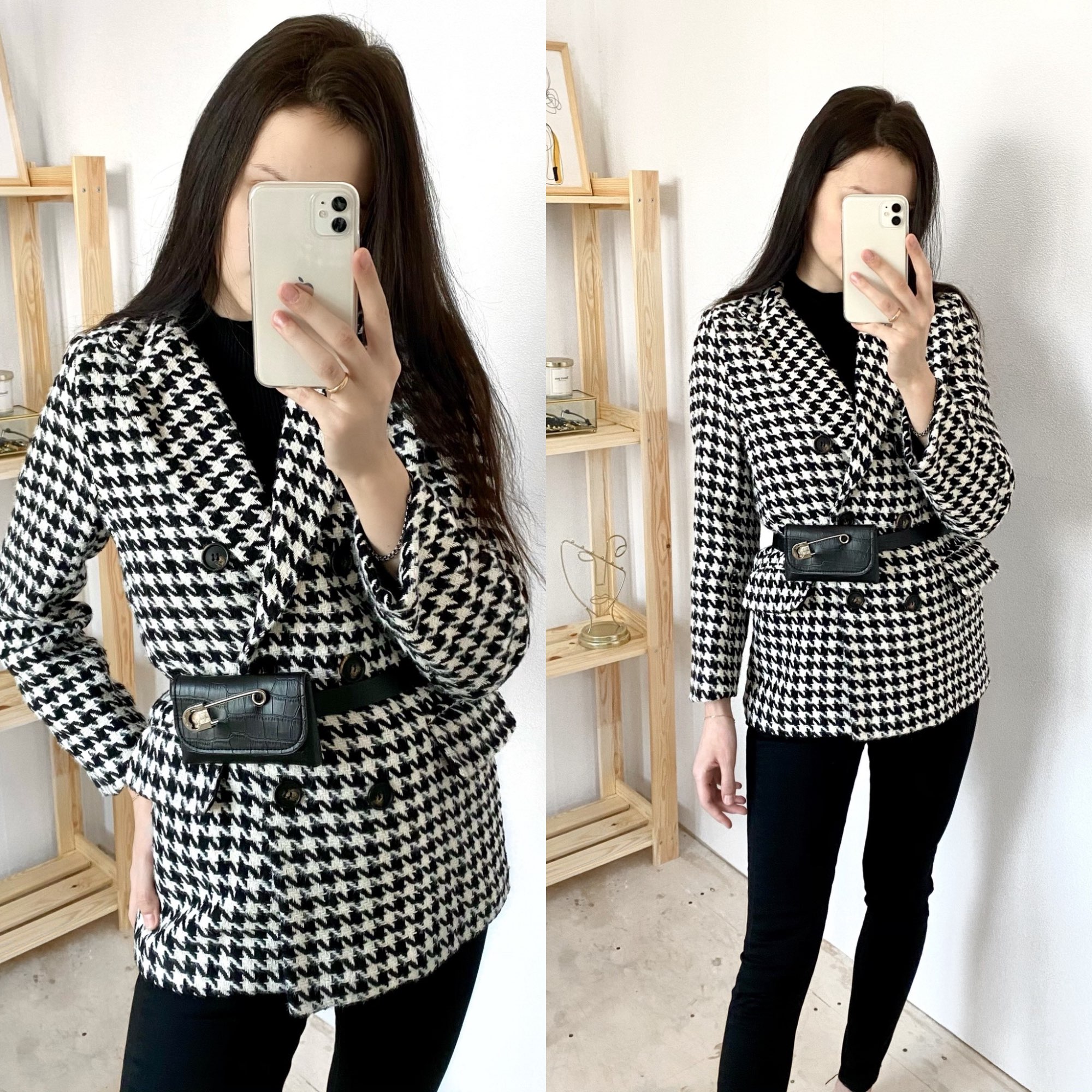 

Winter jacket new Korean version with waist bag houndstooth woolen coat suit thick and loose, Black;brown