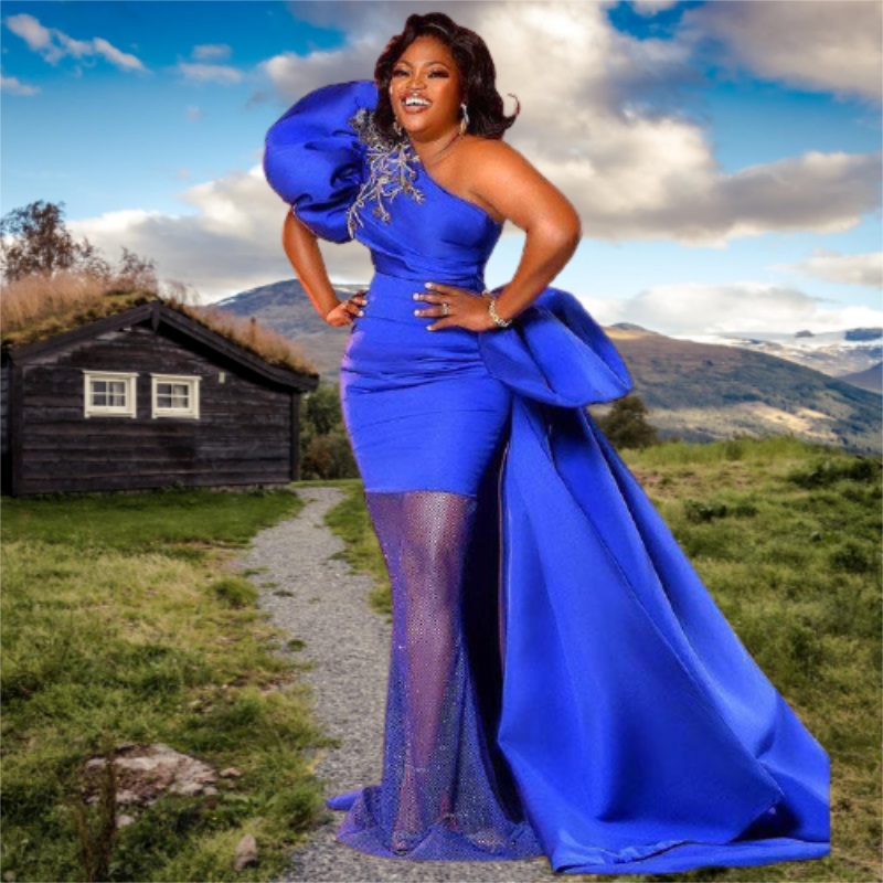 

Royal Blue Satin One Shoulder Evening Dress Mermaid Women's Prom Dresses Sexy Short Sleeve Formal Gowns, White