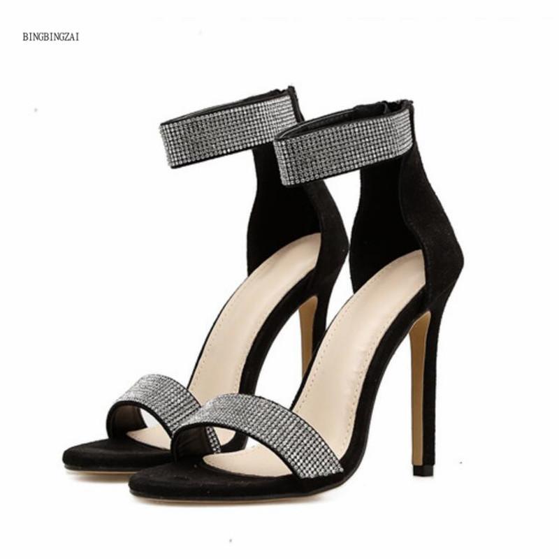 

2021 new hot sale net red sexy rhinestone ladies sandals women shoes high quality summer 11CM catwalk high heels 4-8 9 BBZAI, Black