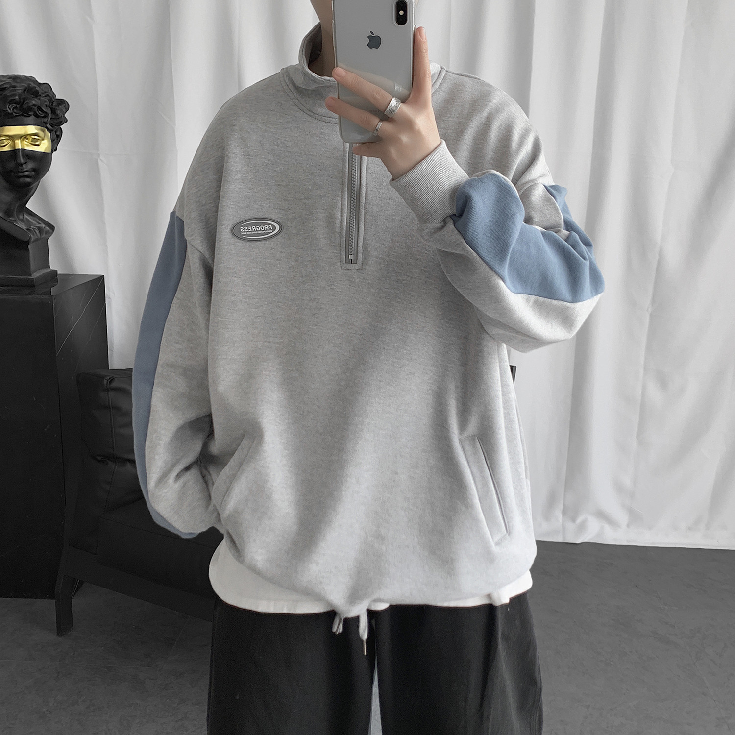 

2021 New Men's Lapel Collar Pullover Loose Grey/black Color Male High-quality Coats Hooded Zipper Hoodies Cotton Casual Sweatshirts Oll7, Gray