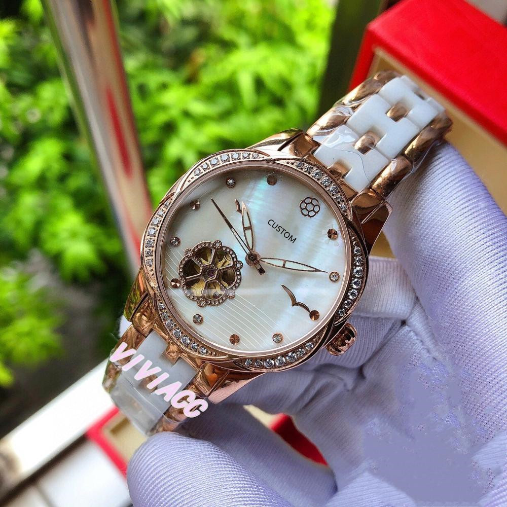 

Top Quality Geometric Crystal Flower Watches For Women Sapphire Stainless Steel Automatic Flywheel Mechanical Ceramic Watch 31mm, White