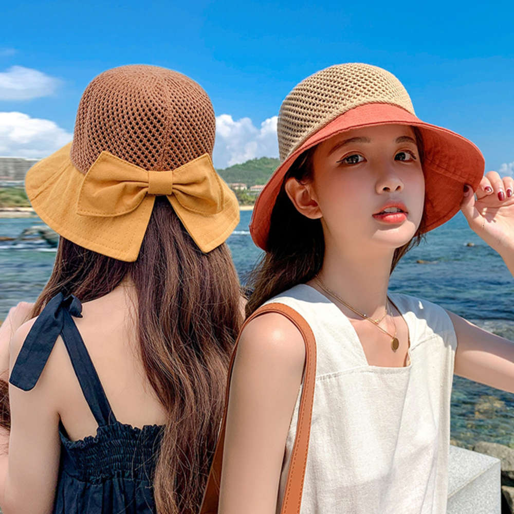 

Sun hat summer thin breathable mesh female bow fisherman's sun Big Brim Hat Korean version, Blue;gray