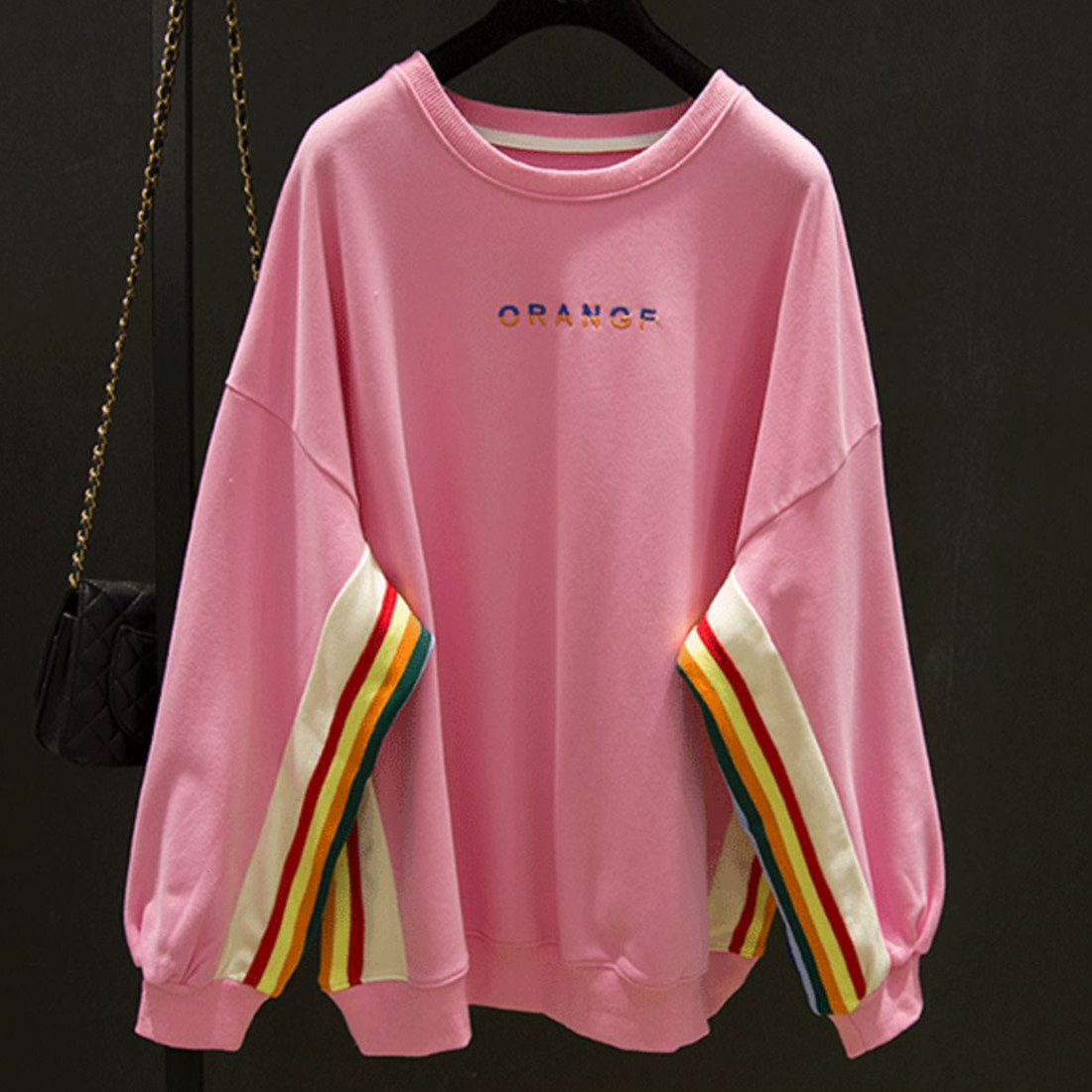 

2021 Pink Raiow Striped Sleeve Kawaii Crewneck Sweatshirt Women Loose Casual Winter Basic Tops New Fashion Brand Korean Girls 1nio, Black