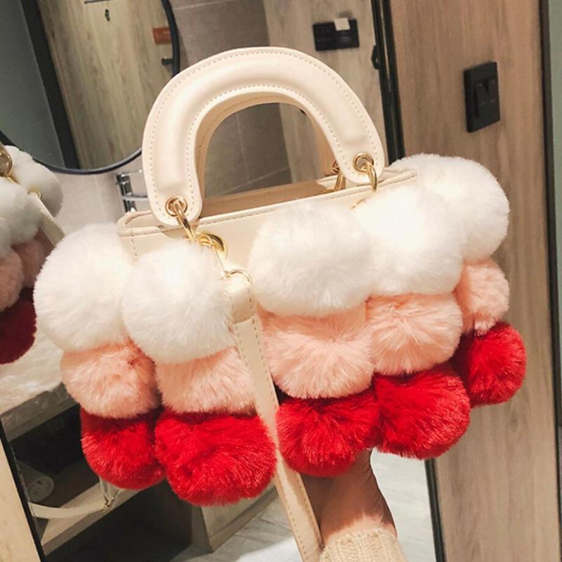 

2021 Winter Fashion New Ladies Cute Tote bag Quality PU Leather Women's Designer Handbag Hair ball Shoulder Messenger bags, Black