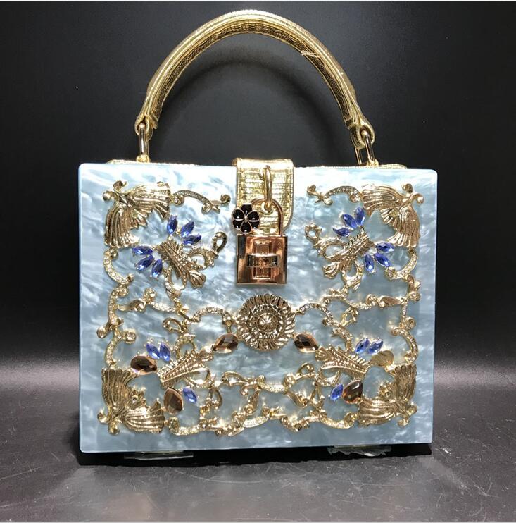 

Factory wholesale women leather shoulder bags luxury metal carved acrylic dinner bag sweet hollow flower fashion handbags elegant diamonds handbag, Beige(boutique box)