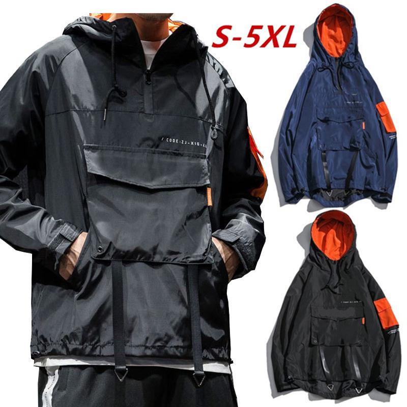 

Men's Trench Coats Fashion Men Tops Casual Long Sleeve Pockets Sweatshirts Hip Hop Windproof Hooded Pullover Jacket Plus Size S-5XL, Tan;black