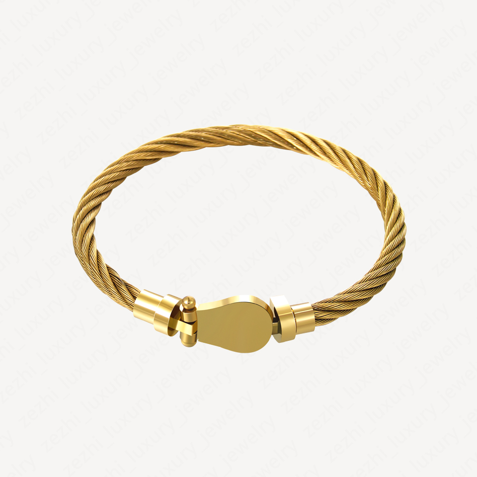 18k Gold Plated Fashion Bracelet For Men Stainless Steel Wire Rope Magnetic Buckle Horseshoe Bracelets U Head Bangle Accessories With Jewelry Pouche