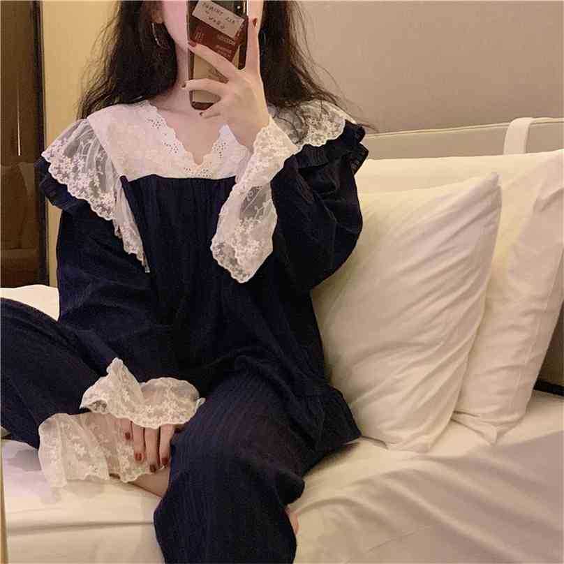 

V-Neck Sleepwear Spring Lace Patchwork Women Home Chic Comfortable Korean Cotton Fashion Pajamas Suits Sets 210525, Photo color