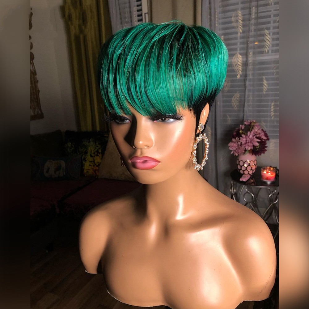 

Short Straight Bob Pixie Cut None Lace Front Human Hair Black /Blonde/Ombre Blonde Green Wig With Natural Bangs For Women, Customize