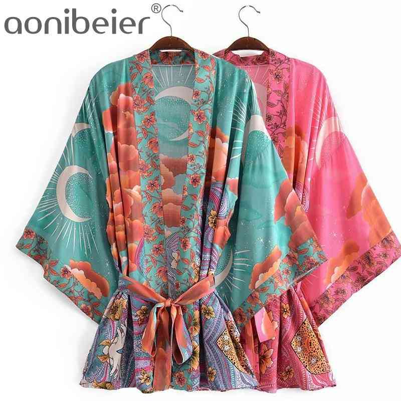 

Moon Print Thin Style Summer Women Kimono Shirts Fashion Open Front Drop Shoulder Female Loose Blouses with Sashes 210604, Gr