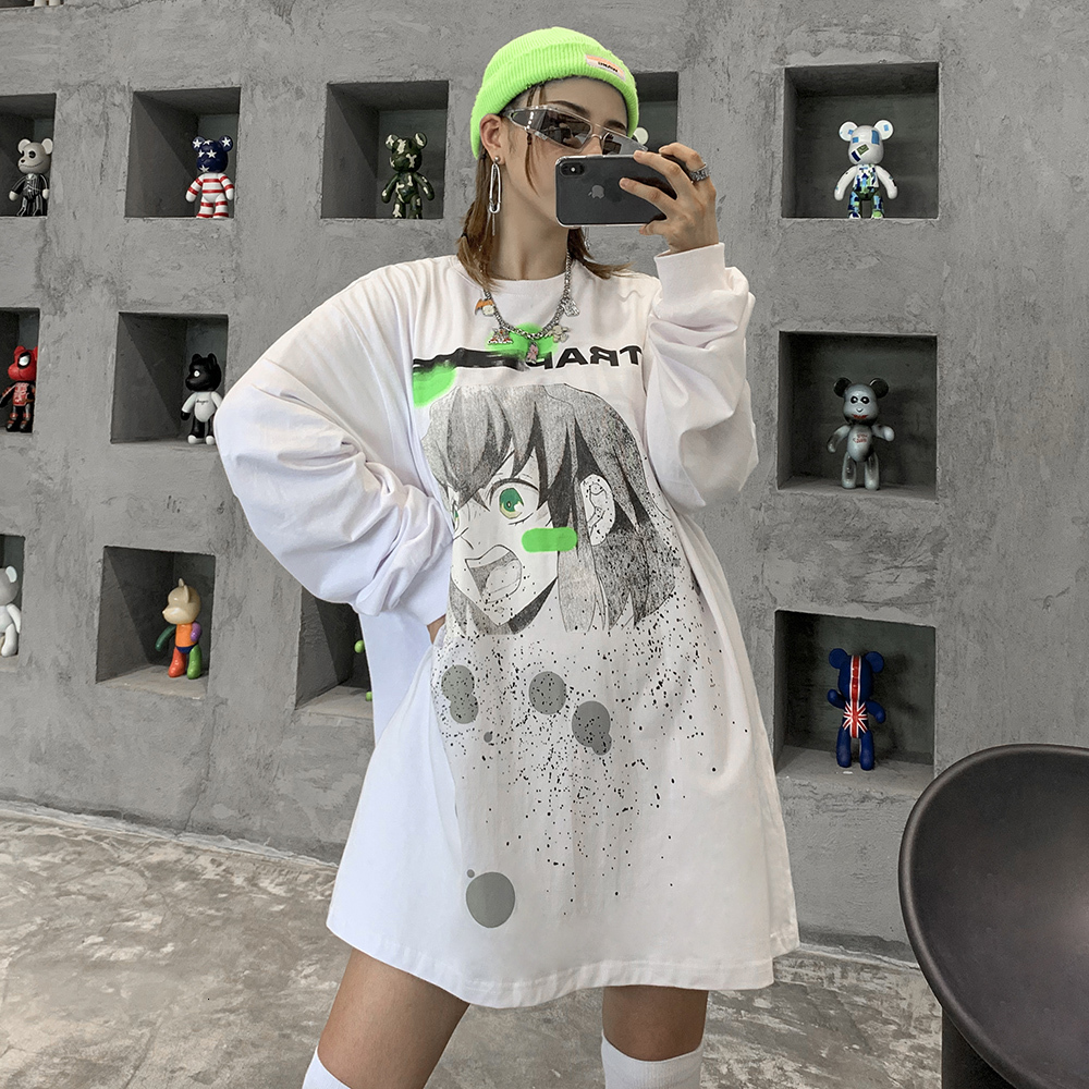 

2021 New Long Sleeve Japanese Kawaii Cartoon Shirts Harajuku Clothes Womens Tshirt Oversized Streetwear Women Fashion Clothing V550, Black