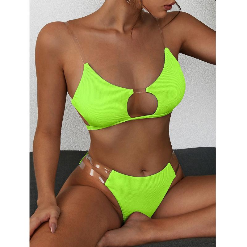

Women Clear Straps Ribbed Bikini Set Push-Up Brazilian Swimwear Beach Swimsuit 2021 Summer Beach Bathing Suit Swimwear Biquinis