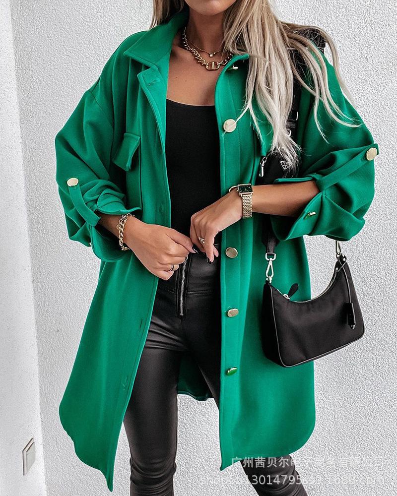 

Women' Trench Coats 2021 Fashion Green Casual Solid Loose Coat Long Sleeve Turn-down Collar Elegant Office Ladies Street Wear Jacket