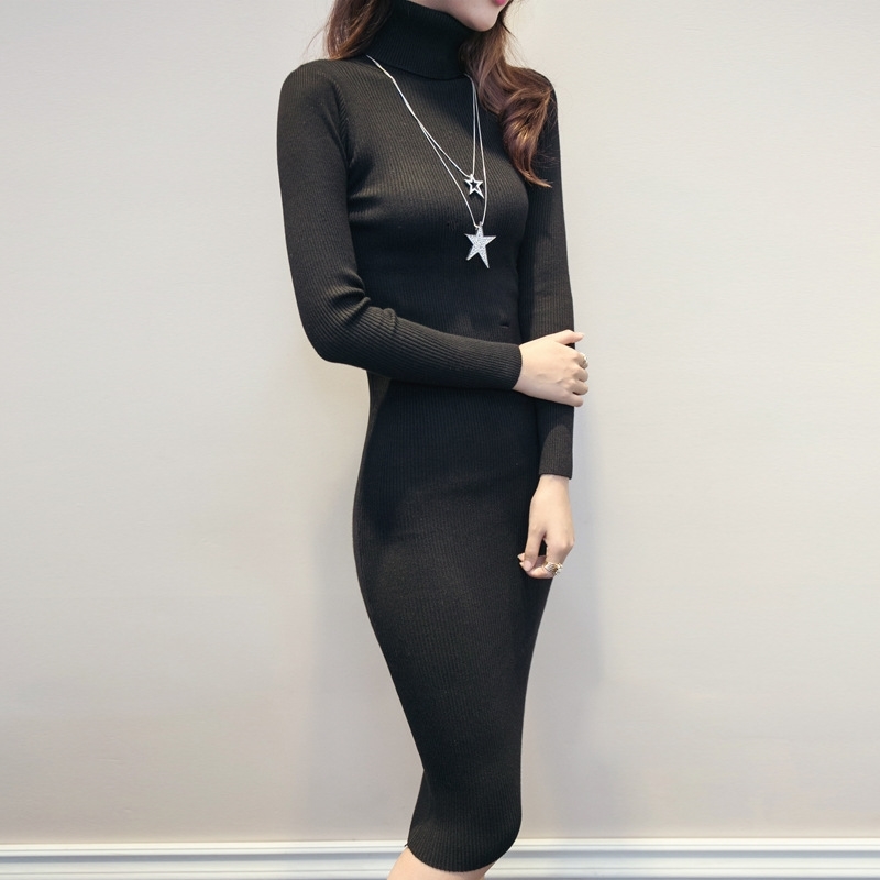 

Autumn Winter Sweater Knitted Dresses Women Slim Elastic Turtleneck Long Sleeve Sexy Lady Bodycon Robe Vestidos 210603, Light gray