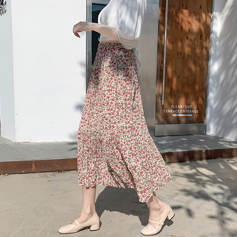 

2021 New Maxi Skirt Womens Skirts Clothing High Waist Red Harajuku Vintage Floral Boutique Chiffon Flowy Sale Items H3hx, Beige