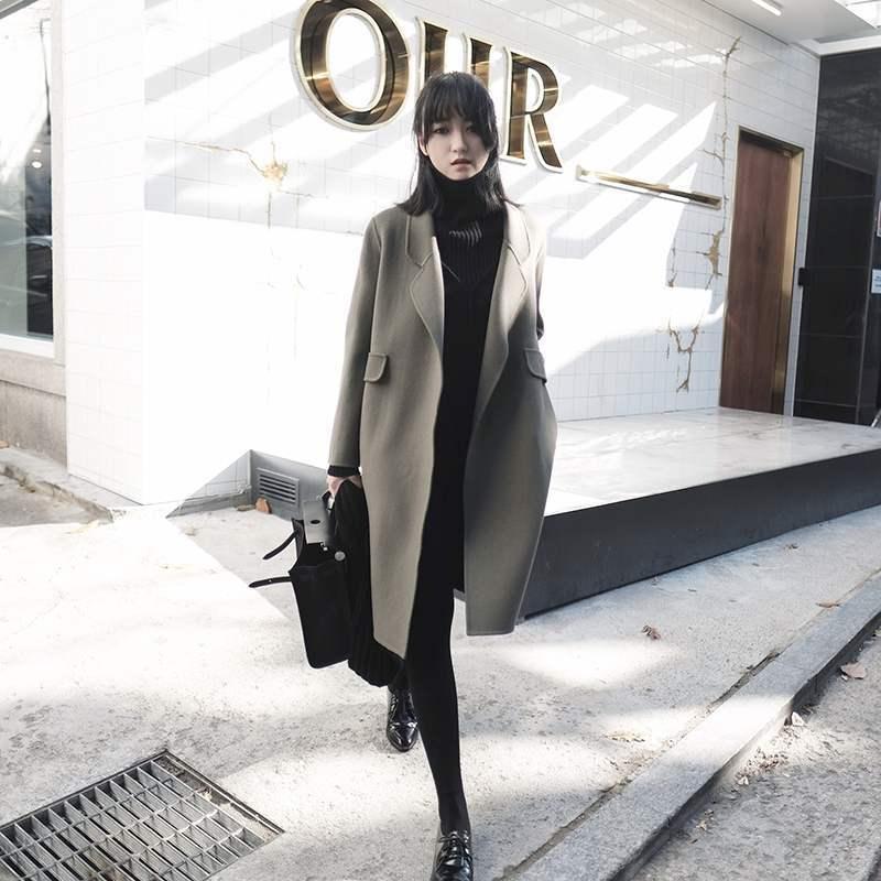 

Women's Wool & Blends 2021 Autumn Winter Fashion Long Outerwear Female Loose Turn Down Collar Jacket Casual Solid Coat L943, Grey green