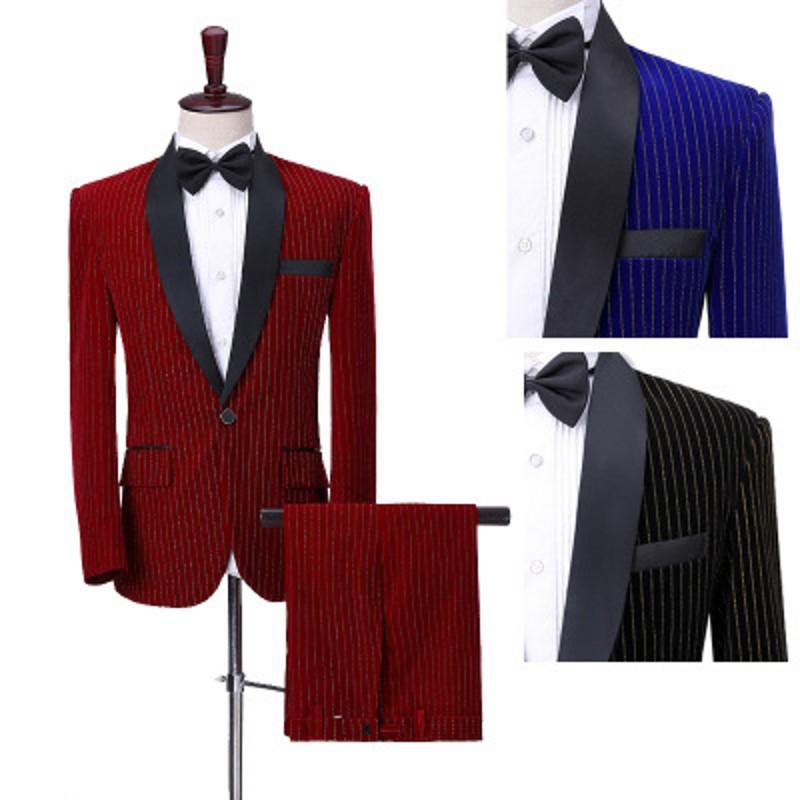 

Men' Suits & Blazers Velveteen Retro Wine Red Stripe Men Wedding Suit Jacket With Pant 2 Piece Slim Gold Wire Business Groom Singer Blazer, Classic black