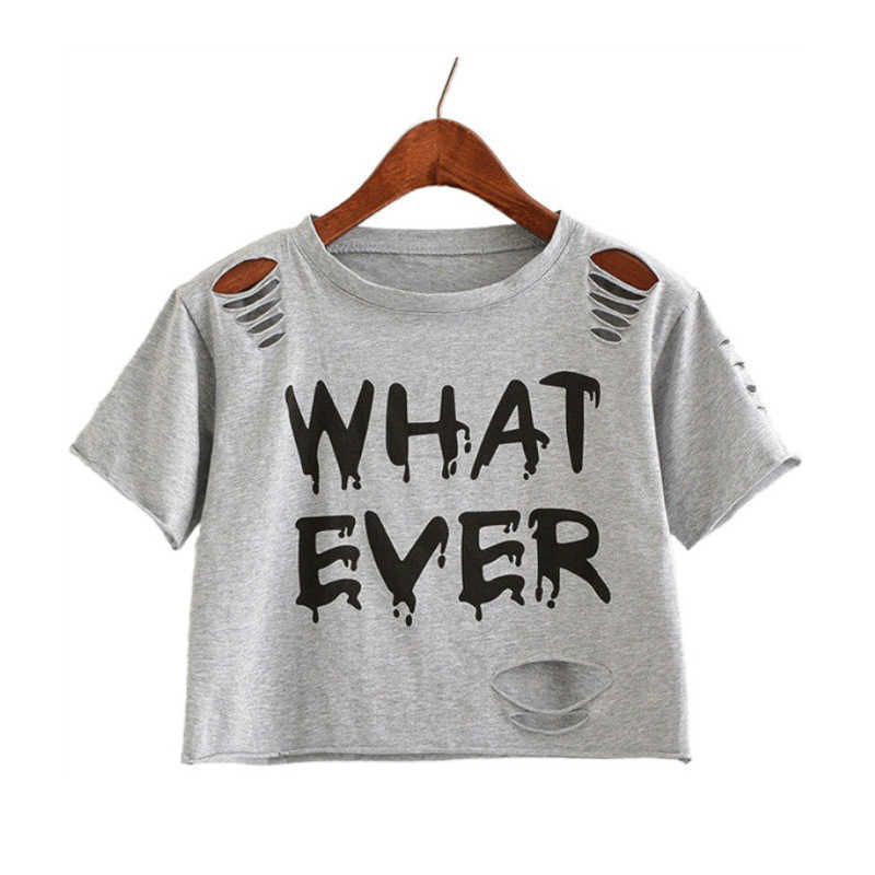 

Merry Pretty Summer Fashion Women T-Shirt WHAT EVER Letter Printed Hollow Hole Ripped Crop Top Short O-Neck Casual 210526, Silver